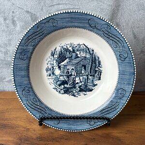 Vintage Currier & Ives Royal Blue Vegetable Serving Bowl Maple Sugaring USA